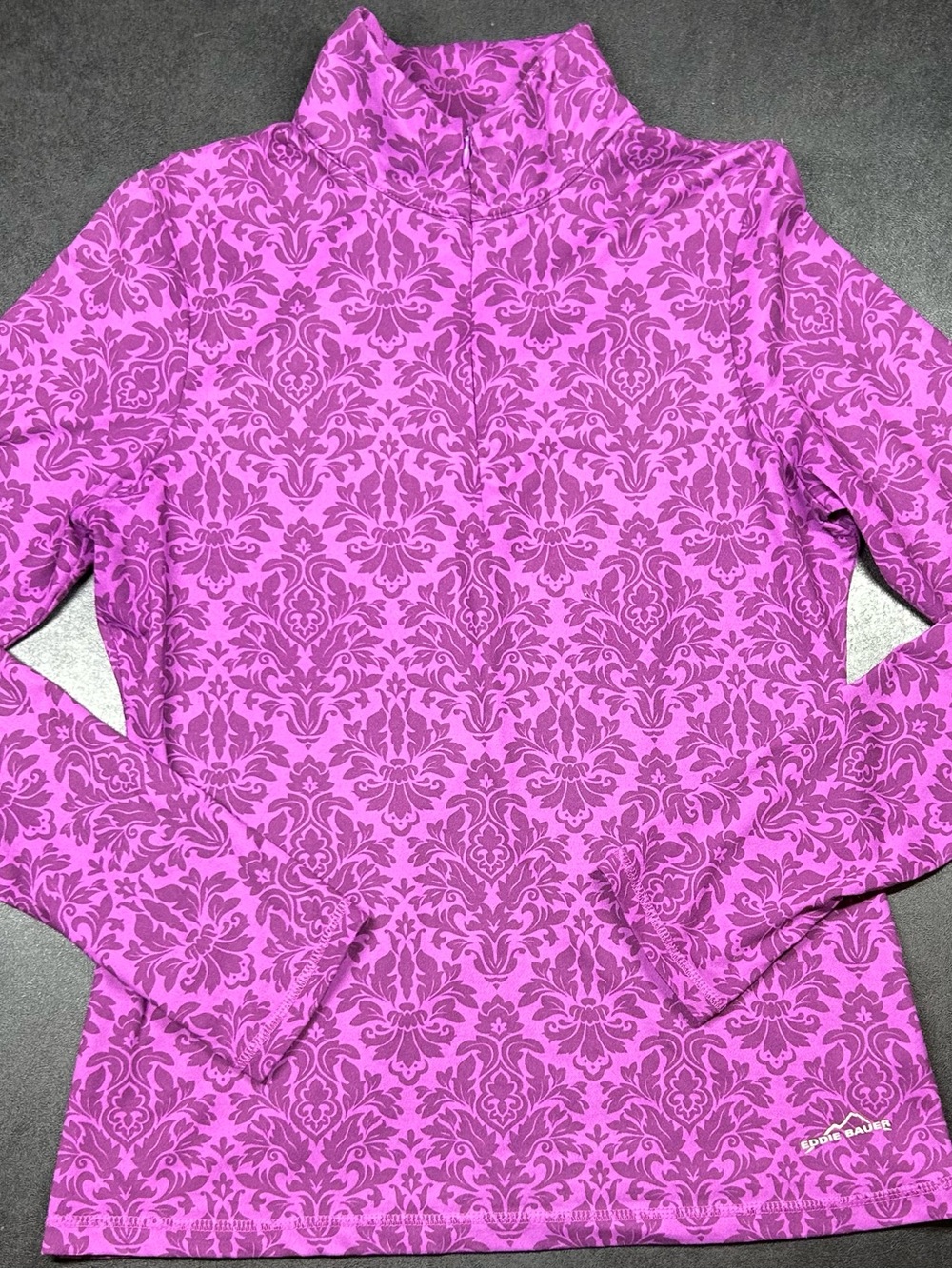 Eddie Bauer Size M Purple Damask Print Half Zip Base Layer Stretch Shirt Top
